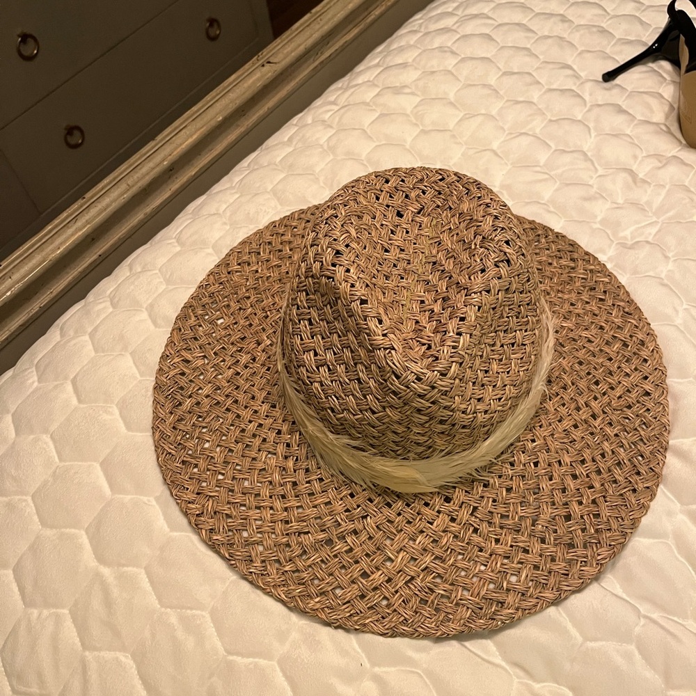 Eugenia Kim Natural Straw Hat with cream feather band
